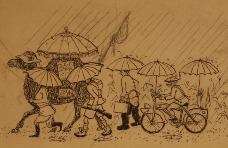 UDelMuseums's tweet photo. Spotted: an ineffective #rain hat on this poor #camel. Stay dry out there today, #udel! (detail of ink drawing, artist unknown) https://t.co/AsN0fkYQk3