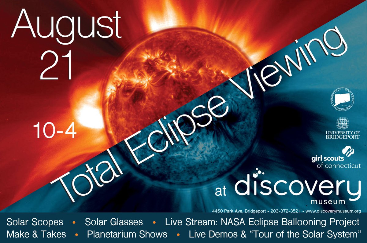 DiscoveryBPT's tweet image. Join us to experience #Eclipse2017 on Mon. 8/21! Family-friendly activities all day. Get #SafeViewing eyewear with admission #Eclipse2017CT