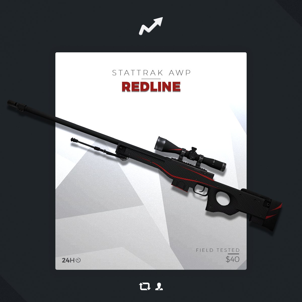 skinupgg's tweet image. STATTRAK AWP REDLINE GIVEAWAY 🏆🏆🏆

TO ENTER
➡️ RETWEET 
➡️ FOLLOW US
➡️ TAG YOUR FRIEND IN COMMENT

GOOD LUCK
WINNER IN 24H