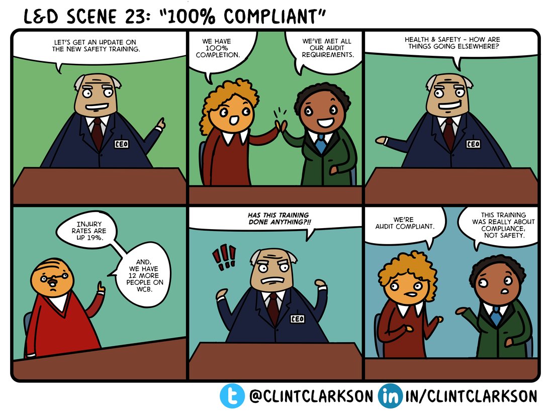 ClintClarkson's tweet photo. #LnD Scene 23: "100% Compliant"
How do you move #compliance training from being a "check mark" to being results oriented? #comic #elearning https://t.co/mWAVGmJUTA