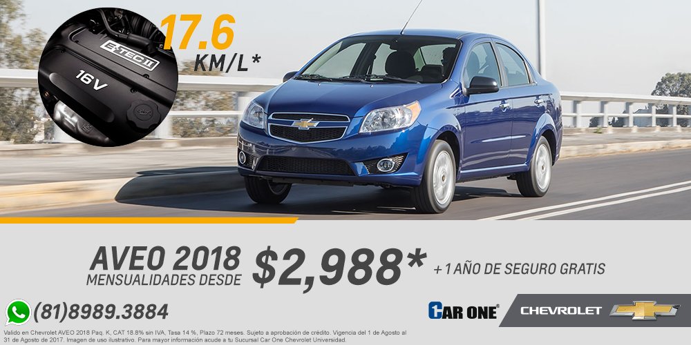 CarOneChevrolet's tweet photo. Llega hasta donde te imagines en tu #Aveo2018 con su rendimiento de 17.6 km/l  ¡Te va a encantar! pide mas info vía WhatsApp (81) 8989.3884 https://t.co/KJfWRfOWpP