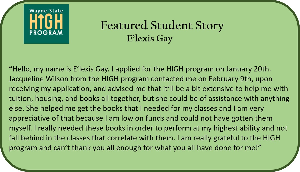 WSUHIGHProgram's tweet photo. Check out our Featured Student Story of the Month!
#helpingindividualsgohigher #wsuhighprogram #waynestateuniversity #detroit #featurestory https://t.co/R4YiyMwj2e
