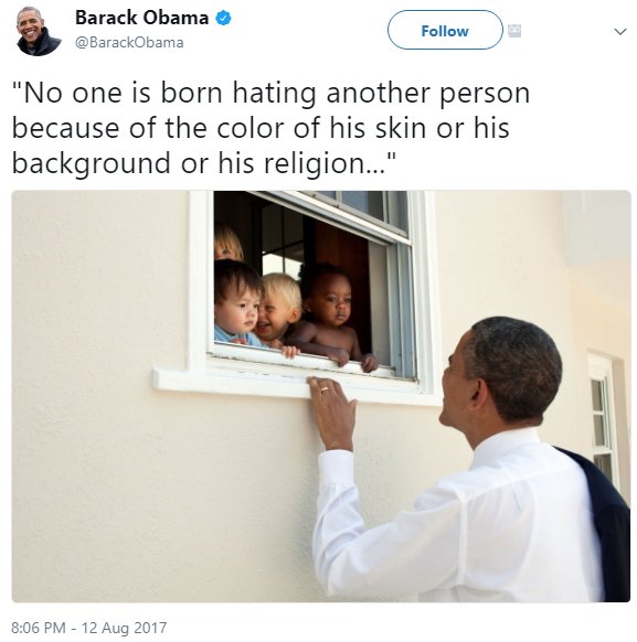 NewsDataSvc's tweet photo. Obama's #post-Charlottesville tweet gets #Twitter love #abcnews #ap https://t.co/n1RPoo6zGx https://t.co/xD6NHsMerD