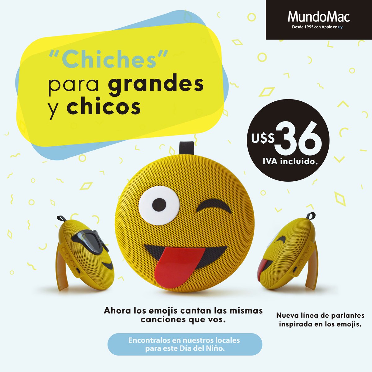 MundoMacUY's tweet photo. Parlantes Emojis😬😜😎 el mejor regalo para el Día del Niño. Venite a @MundoMacUY y llevatelo. https://t.co/rMDfrCgn4A