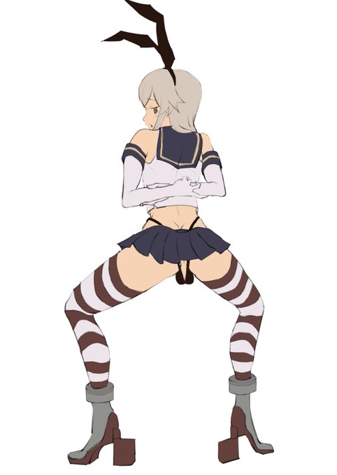 高層ビジネスホテルの窓際にガニ股で立たされる島風くん 