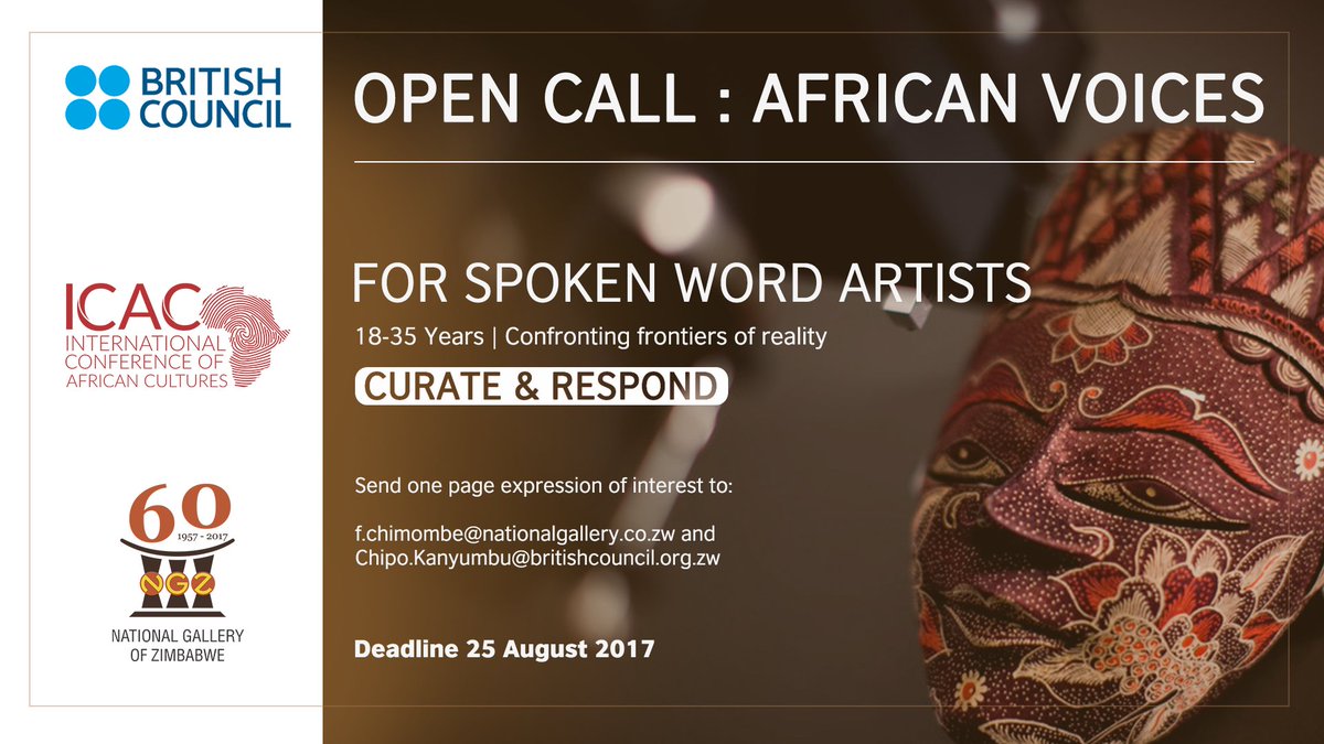 NatGalleryZimb's tweet photo. Open Call: #SpokenWord artists @PachikoroZW @PAfritude @ENTHUSEMag @avacarts @HikwaMehluli #ICAC2017 #NGZ #RockinitSince57 @BritishCouncil https://t.co/fxg5OQfD0Q