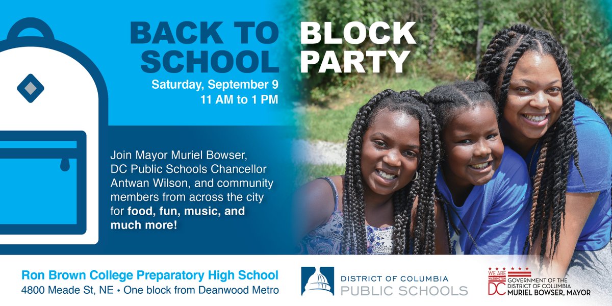 dcpublicschools's tweet image. Save the Date! Join the DCPS Back to School Block Party at @RBHSMonarchs on Saturday, September 9! facebook.com/events/6805427…