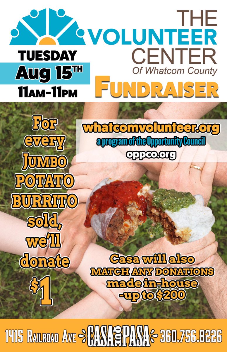 casaquepasa's tweet photo. Our Potato Burrito Fundraisers help support non-profits like @VCWhatcom so come stuff your face with our giant burritos for a good cause! 🌯😋 https://t.co/qvw5ZaGCd4