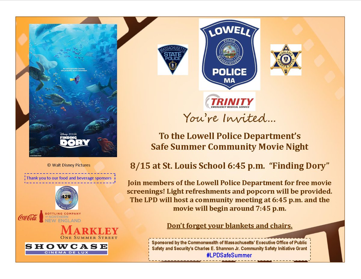 LowellPD's tweet photo. Don't be fooled by those clouds. Movie night is still on! Hope to see you there! #LPDSafeSummer @MassStatePolice @msosheriff @TrinityEMS https://t.co/aT3XQgqo3E