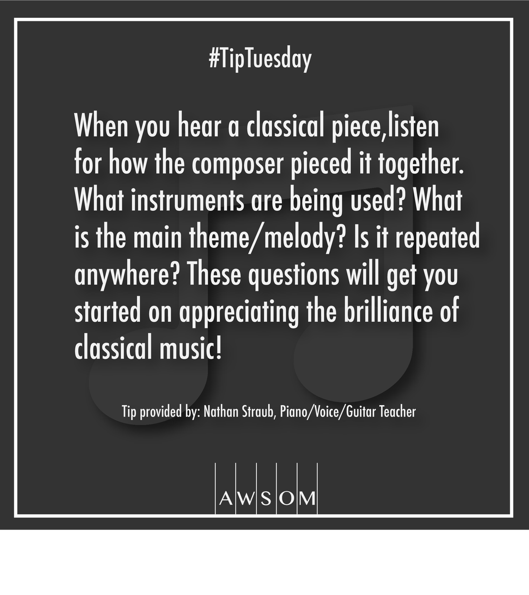 AWSOMWA's tweet photo. Want to develop a deeper appreciation of classical #music? https://t.co/HMwU0KNAHf 
#iamawsom #musiclessons #blog #TipTuesday #musictips https://t.co/lulOOcFRg2