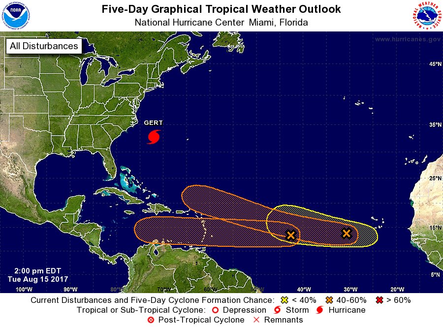 NHC_Atlantic's tweet image. In addition to Hurricane #Gert, NHC is tracking 3 Atlantic disturbances with a chance of formation within the next 5 days.