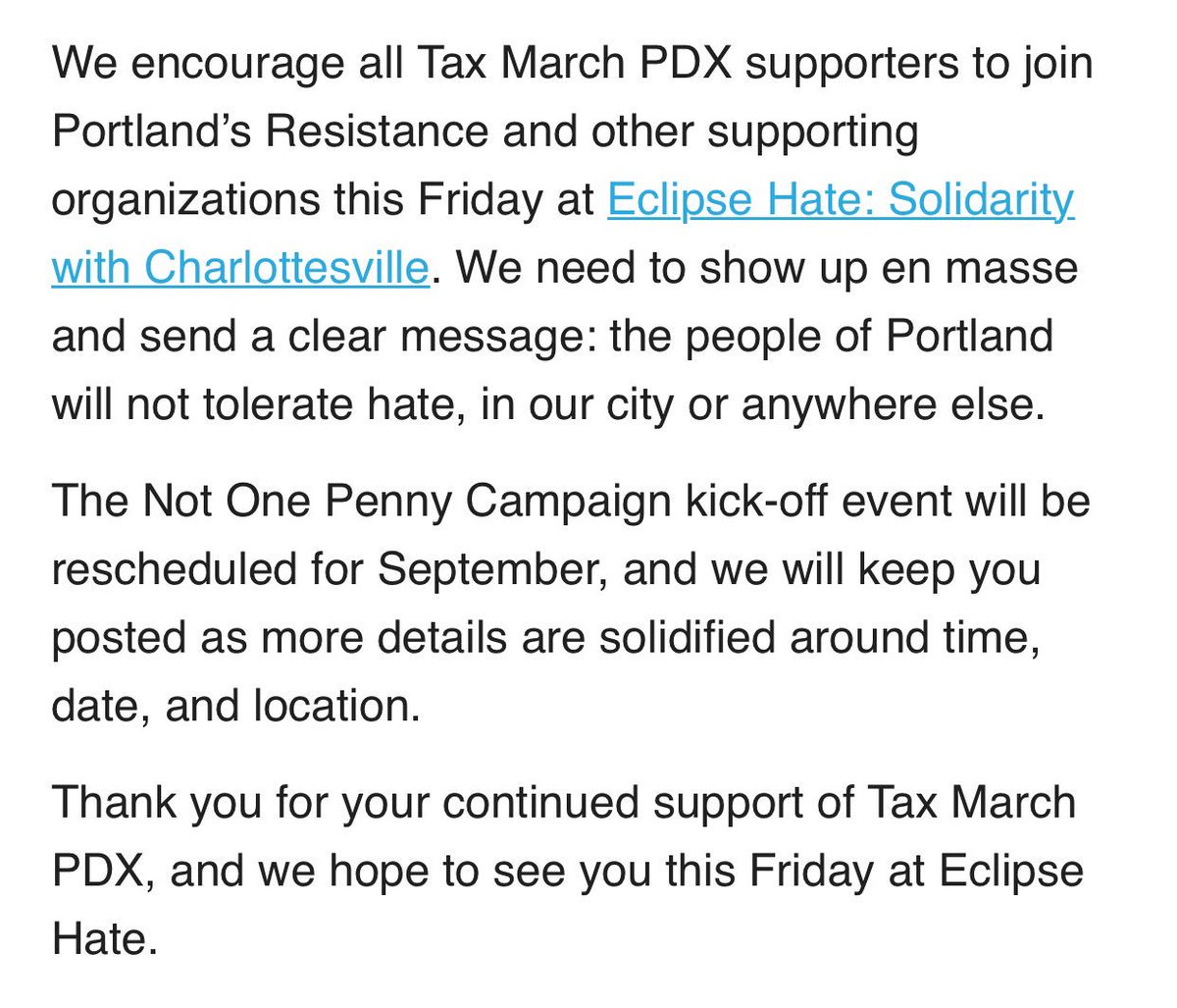 TaxMarchPDX's tweet photo. We are rescheduling this Saturday's event in solidarity with victims in Charlottesville: https://t.co/Jv73eDtU8z