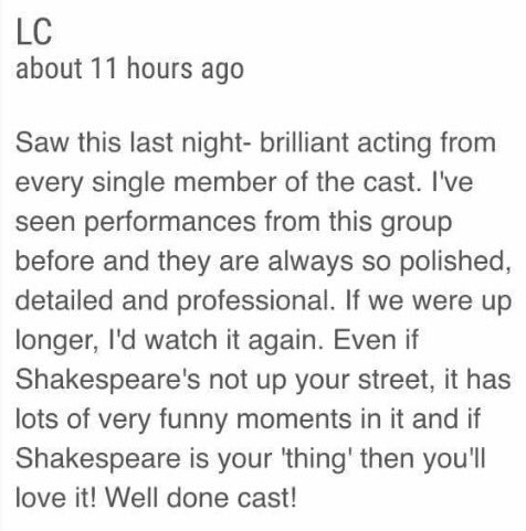 _Official_SBB's tweet photo. Lovely review of Shakespeare's Big Brother!! Thanks LC!! Catch us at 7.25 tomorrow at Augustine's.. #SBB https://t.co/Y6cYDxowjl