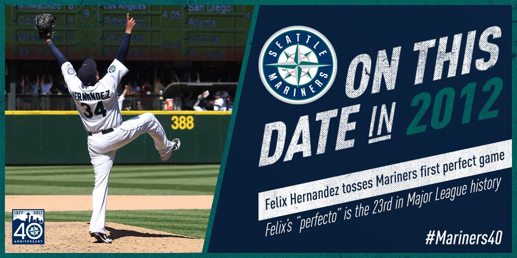 MarinersPR's tweet photo. #OTD in 2012: Felix Hernandez tosses the first perfect game in #Mariners history. #Mariners40
Read: https://t.co/Jtig5oqz8s https://t.co/p8Us8Yl2Rm