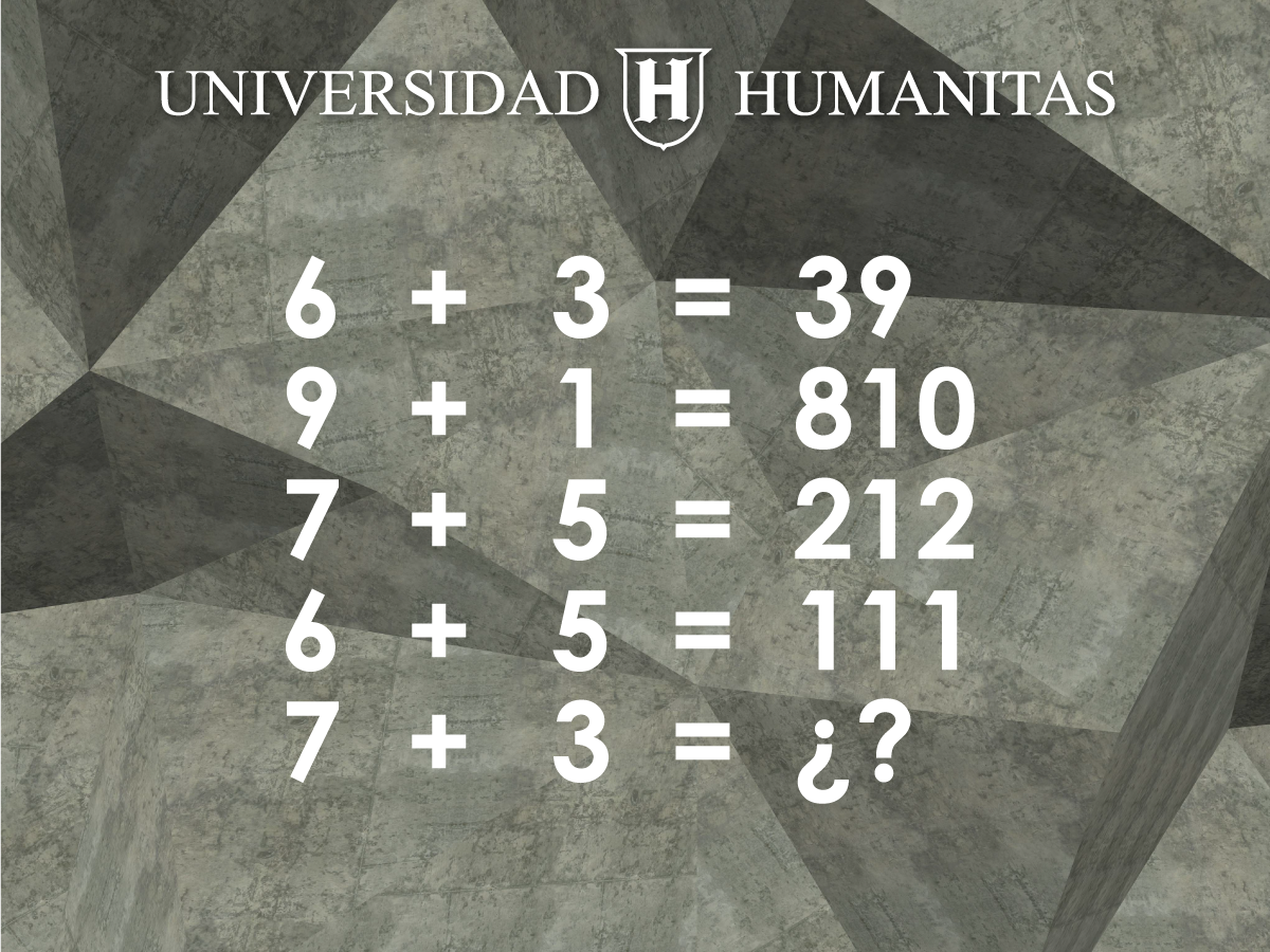 UHumanitas's tweet photo. Los acertijos matemáticos ayudan a ejercitar tu cerebro, además ser divertidos. ¿Cuál es la lógica en la siguiente imagen? #SoyHumanitas https://t.co/CurxKzMRcV
