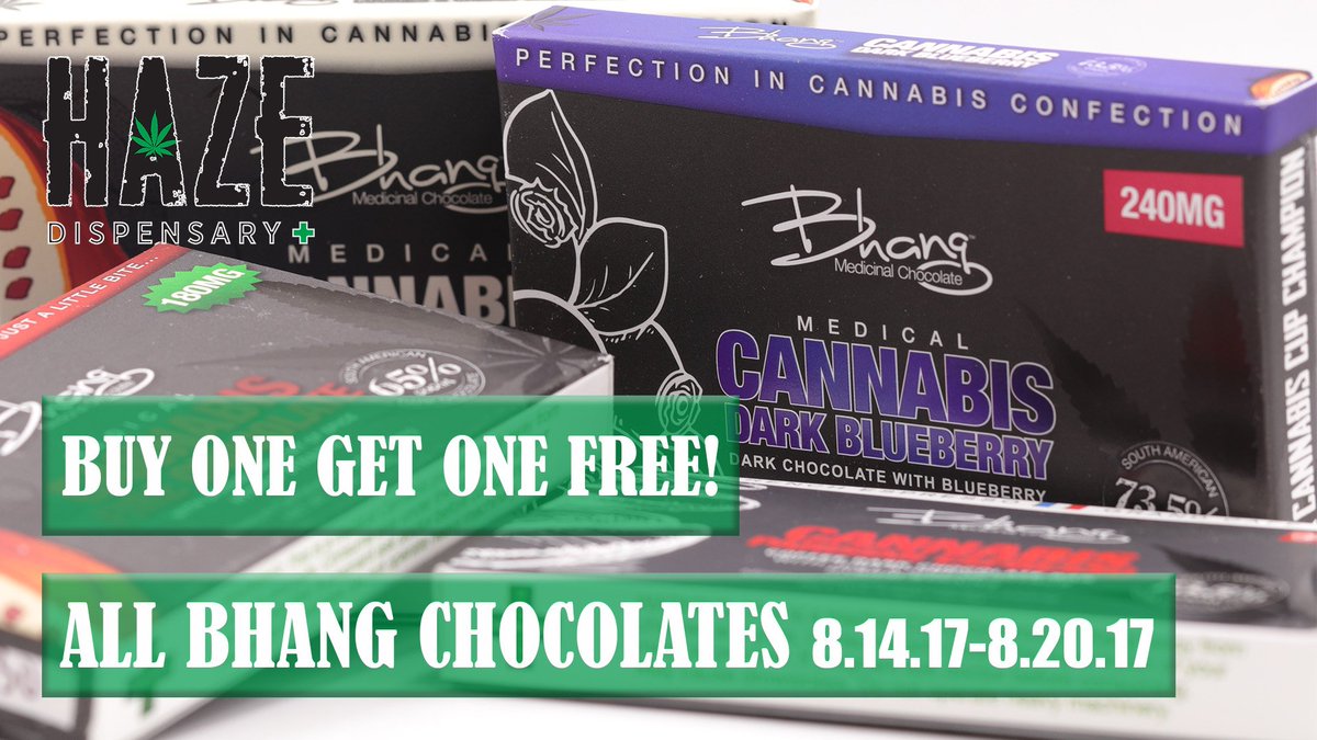 HazeDispensary's tweet photo. All week long! #bhang Chocolates #buy1get1free !!! limit 3/order valid 8/14/17 through 8/20/17 https://t.co/YFAhny8hFX