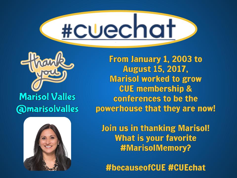 connectedTL's tweet photo. Thank you @marisolvalles for your service to CUE! Join us in thanking Marisol! What is your favorite #MarisolMemory? #becauseofCUE #CUEchat https://t.co/YgFs7tQusG