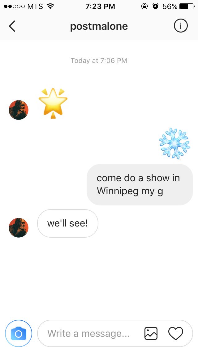 _ryancox's tweet photo. not really sure why post malone just sent me a DM but winnipeg I got you https://t.co/GNB95oS4CR