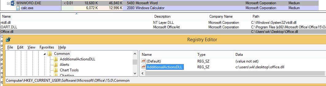 william_knows's tweet photo. AdditionalActionsDLL persistence? New method to have Word load arbitrary DLLs. Put property at: HKCU\Software\Microsoft\Office\<v>\Common https://t.co/JgP8rnqfsc