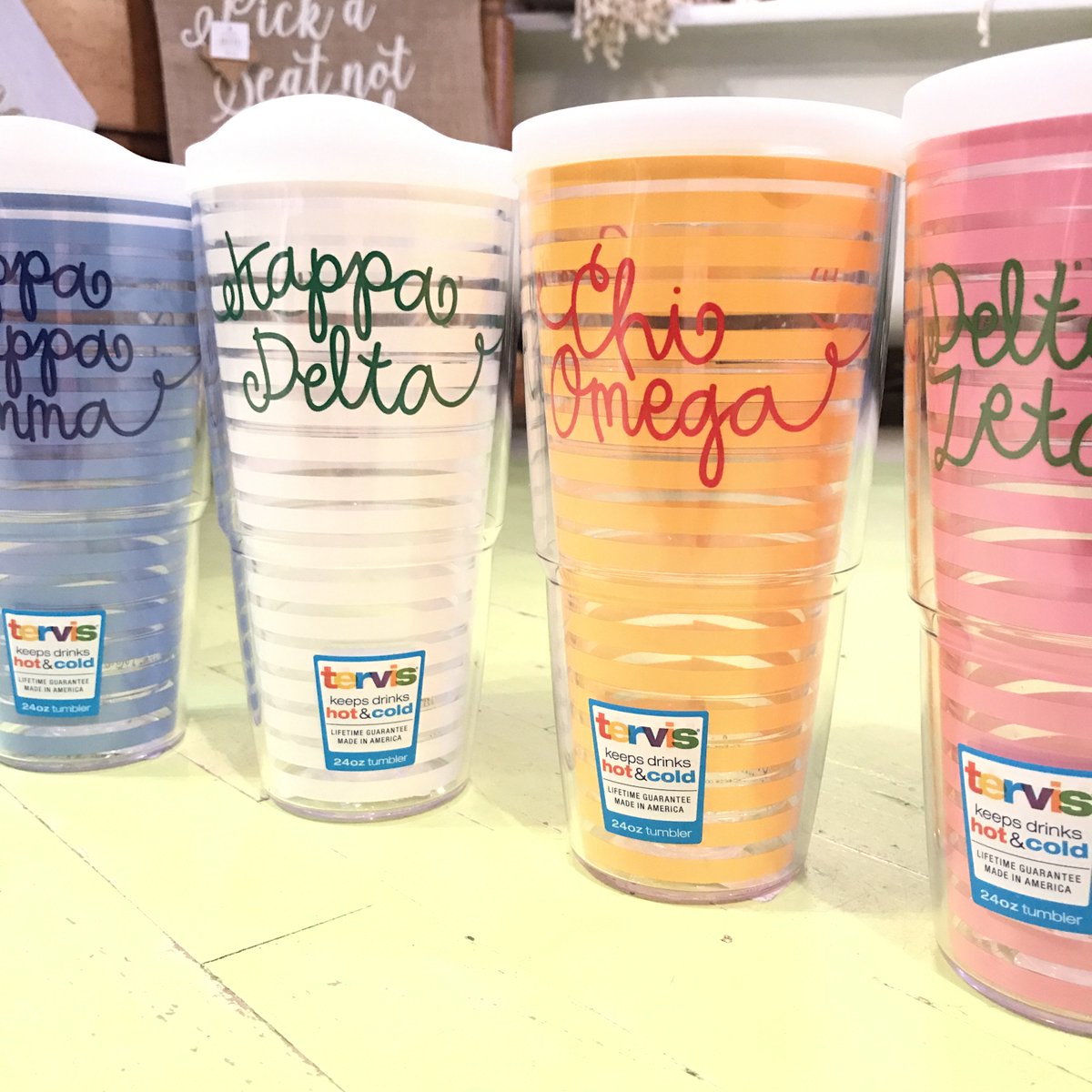 All Greek Life Tumblers, Tervis, and Coffee Mugs are priced 50% off! Hurry and beat the rush (did you get that?!).