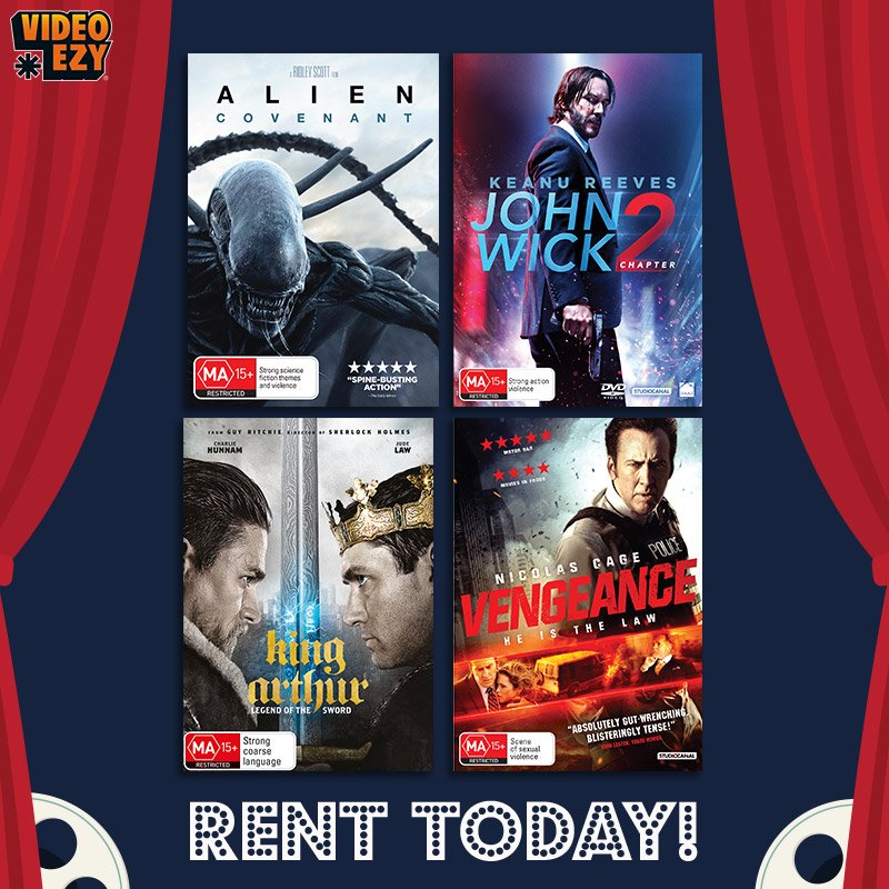 VideoEzy_AU's tweet photo. Out today! #AlienCovenant #KingArthurLegendOfTheSword #VengeanceALoveStory #johnwick2 Find us: https://t.co/QDIQCVdtv9 https://t.co/uf0bQMwAst