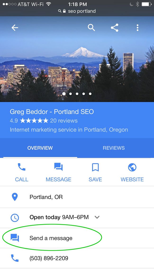 Greg_Beddor's tweet photo. Chatting with customers is a new Google My Business feature that’s currently available in select countries. #localseo #portlandseo https://t.co/L0KhrnGoIl