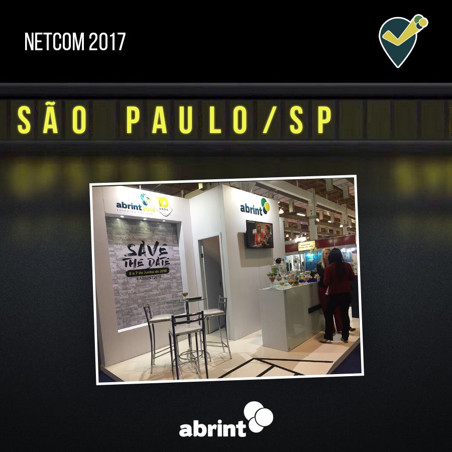 AbrintOficial's tweet photo. A ABRINT está marcando presença também no NETCOM2017. Visite o nosso stand 😉
#CheckinAbrint #ABRINT #ProvedorRegional https://t.co/oUfVcDPujt