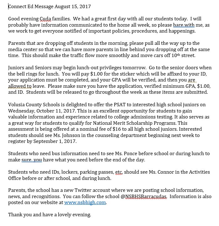 Connect Ed Message for August 15, 2017.  See below.  :)