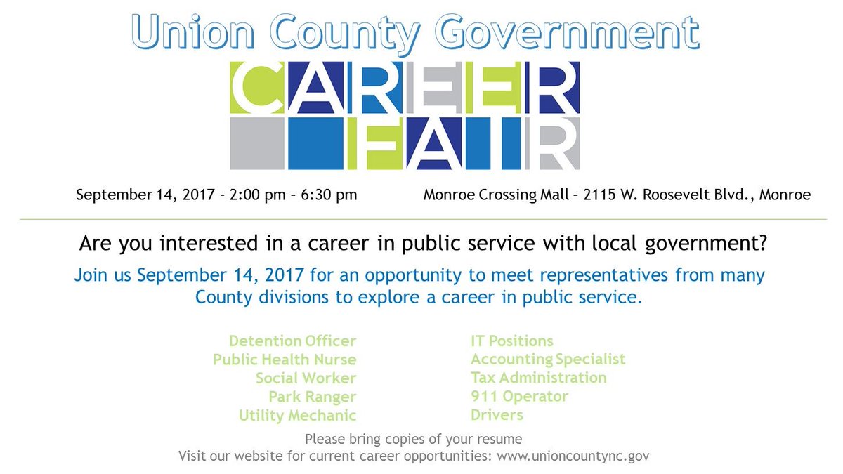 UnionCountyNC's tweet photo. Interested in a career with Union County? Attend our Career Fair on Sept. 14. #careerfair #workforunioncounty #unioncountyjobs https://t.co/v0pJ6EnAUv