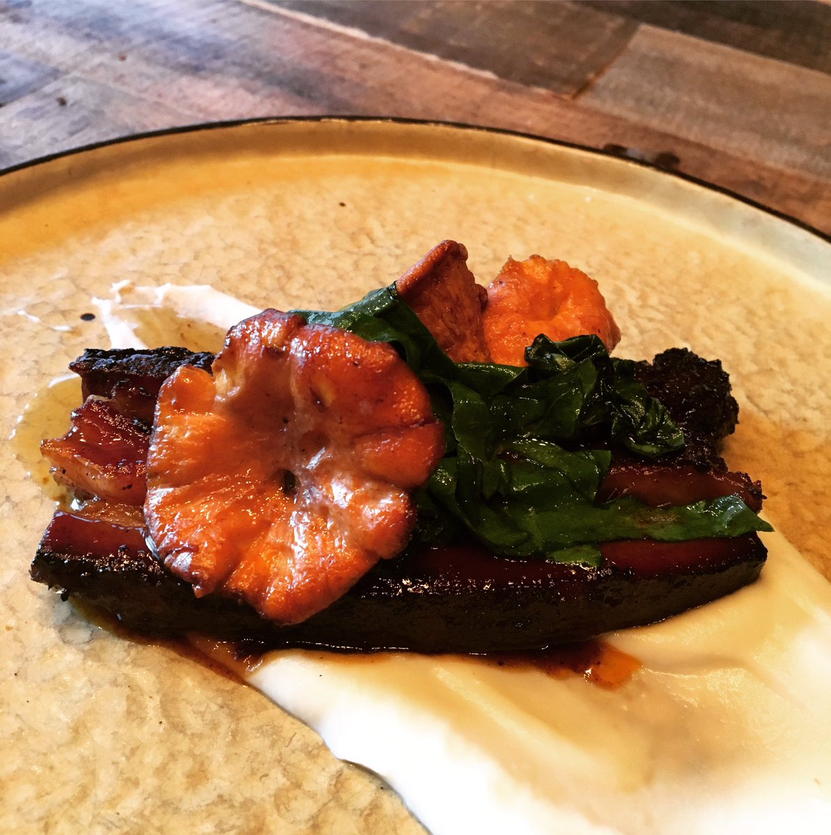 Our Special Tonight <a href="/thefifthticket/">The Fifth Ticket</a> 😁 Local BBQ Beef Belly, a Cauliflower Purée, Foraged Chanterelles &amp; Local Beet Greens.. #localfood #yyt