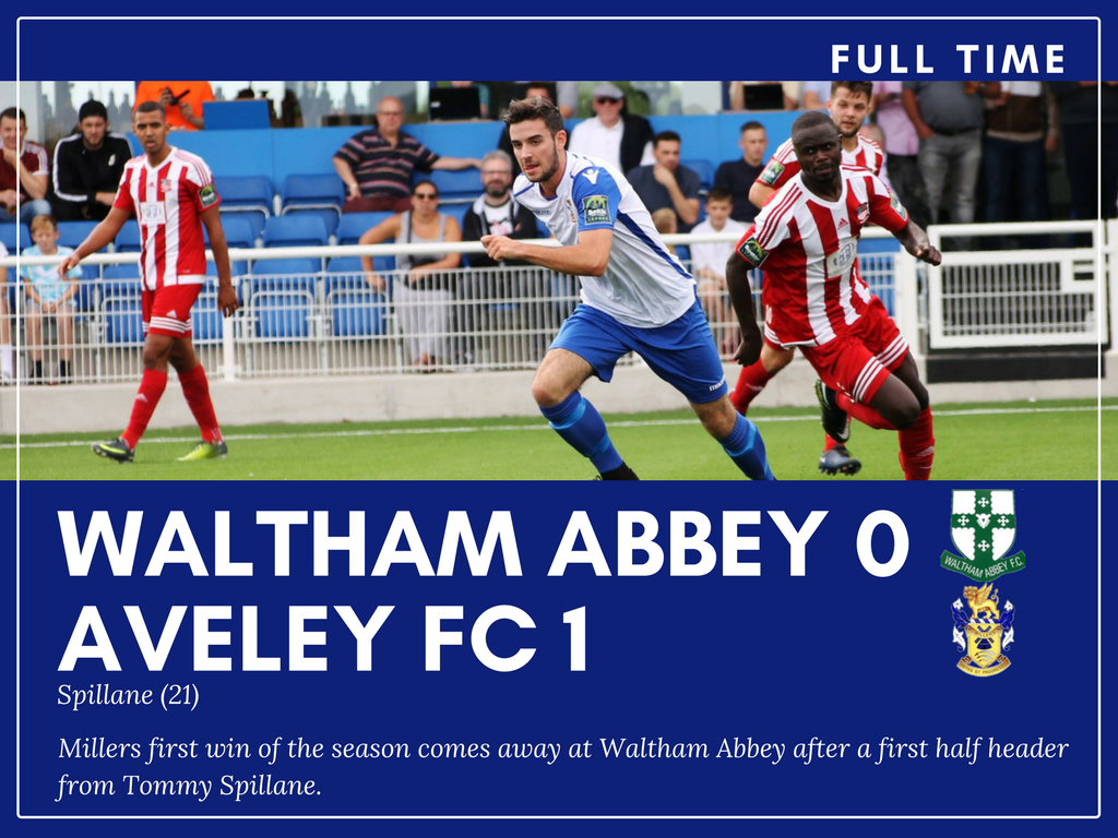 AveleyFC's tweet photo. Full Time | @walthamabbeyfc 0-1 @AveleyFC.

First win of the season for the Millers, thanks to a @Tommyspillane header.
#BackTheMillers 🔵⚽️ https://t.co/KpCn44SJbe