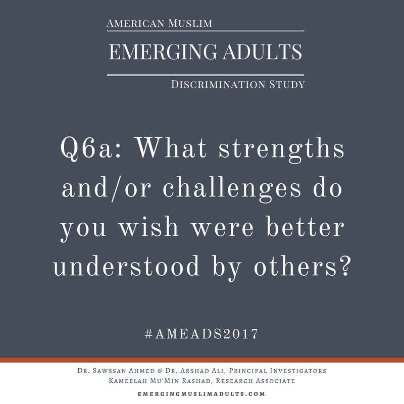 EmergingMuslims's tweet photo. Q6a. What do you wish elders/others understood about what it means to be a young Muslim in today's society?
#AMEADS2017 https://t.co/omnCl3tV4N