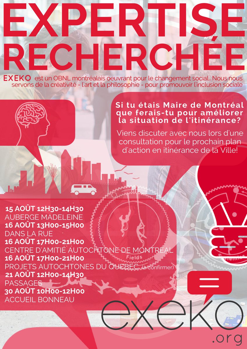 projetexeko's tweet photo. Si tu étais #maire de #Montréal que ferais-tu pour améliorer la situation de l'itinérance? #consultations #pland’action #MTL 2018-2020 https://t.co/iM5nuhMPLh