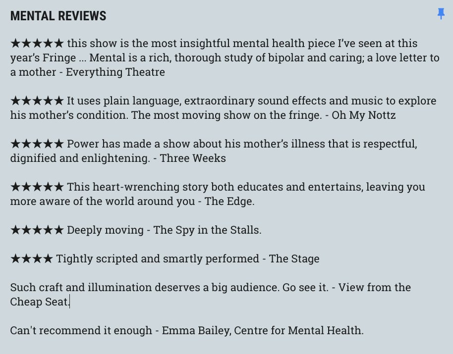 thementalshow's tweet photo. ★★★★★ Everything Theatre
★★★★★ Oh My Nottz
★★★★★ Three Weeks
★★★★★ The Edge
★★★★★ Spy in the Stalls
★★★★ The Stage
#Edinburgh #Fringe https://t.co/YLEA48UEaj