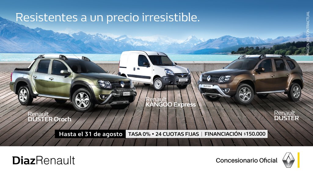 DiazRenault's tweet photo. "Resistentes a un precio irresistible". Así es la promo del #AutoDelMes ¡Tenés tiempo hasta el 31 de agosto! Legales https://t.co/scr4Uh8HSp https://t.co/VN12eV8psG