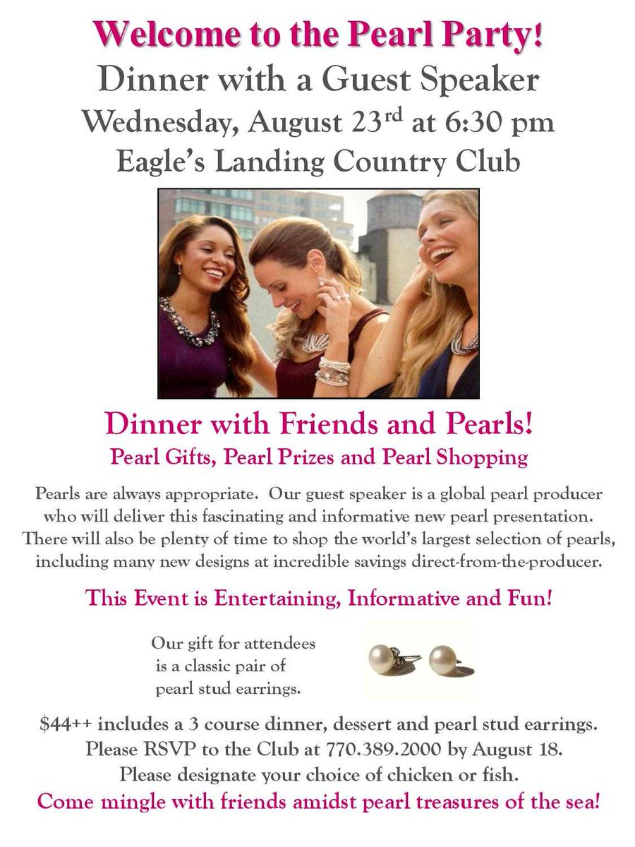 EaglesLCC's tweet photo. Love the Pearls is almost here! Shop for pearls and enjoy a 3 course dinner here at Eagle's Landing...don't forget to RSVP! https://t.co/ZogDMUEWSl