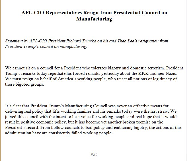 JUST IN: AFL-CIO officials resign from Presidential Council on Manufacturing.