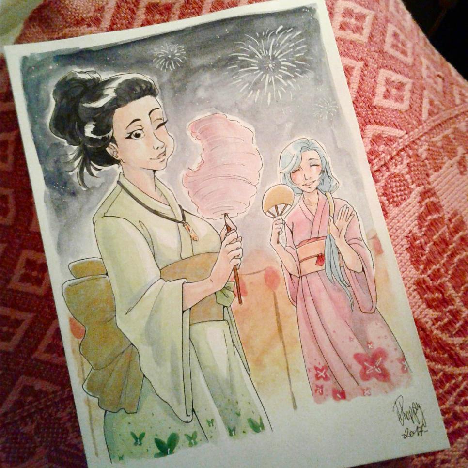 D_Choppy's tweet photo. "Matsuri" mes deux Ocs japonaise Sashika et Kanjis en #kimono #art  #traditionalart #watercolor  #myoc #sashika #kanjis #matsuri  #festival https://t.co/mcyBxnymQ9