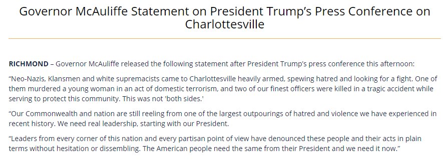 VAGovernor73's tweet photo. Below is Governor McAuliffe's statement on @realDonaldTrump press conference on Charlottesville this afternoon: https://t.co/f73CBpwfF3