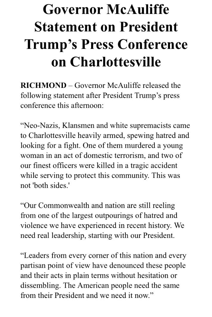 kylegriffin1's tweet photo. VA Gov. Terry McAuliffe comes out swinging after Trump's press conference on Charlottesville. https://t.co/CPizsHq1k5