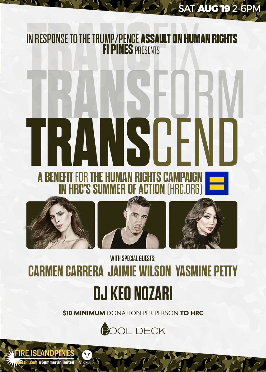 Help <a href="/HRC/">HRC</a> fight the Trump-Pence assault on the LGBTQ community this Saturday in <a href="/PinesFISocial/">ThePinesFireIsland</a> with <a href="/YasminePetty/">Yasmine Petty</a> <a href="/tboy61915/">jaimie wilson</a> <a href="/Carmen_Carrera/">CARMEN CARRERA</a>