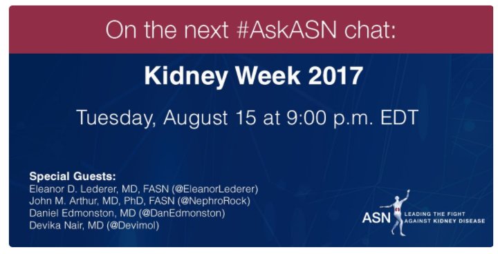 Looking forward to #AskASN twitter chat at 9:00 EDT tonight about #KidneyWk 2017