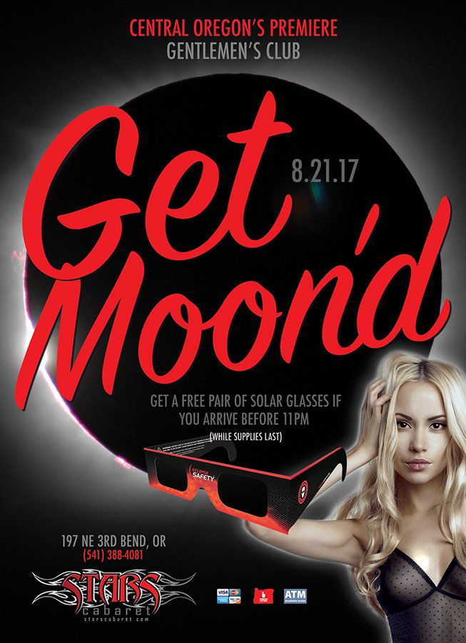 StarsInBend's tweet photo. Get your free #eclipse glasses all week while supplies last. Get Moon'd with us at Stars! #bend #pathoftotality https://t.co/Pkdh1FMiZ4