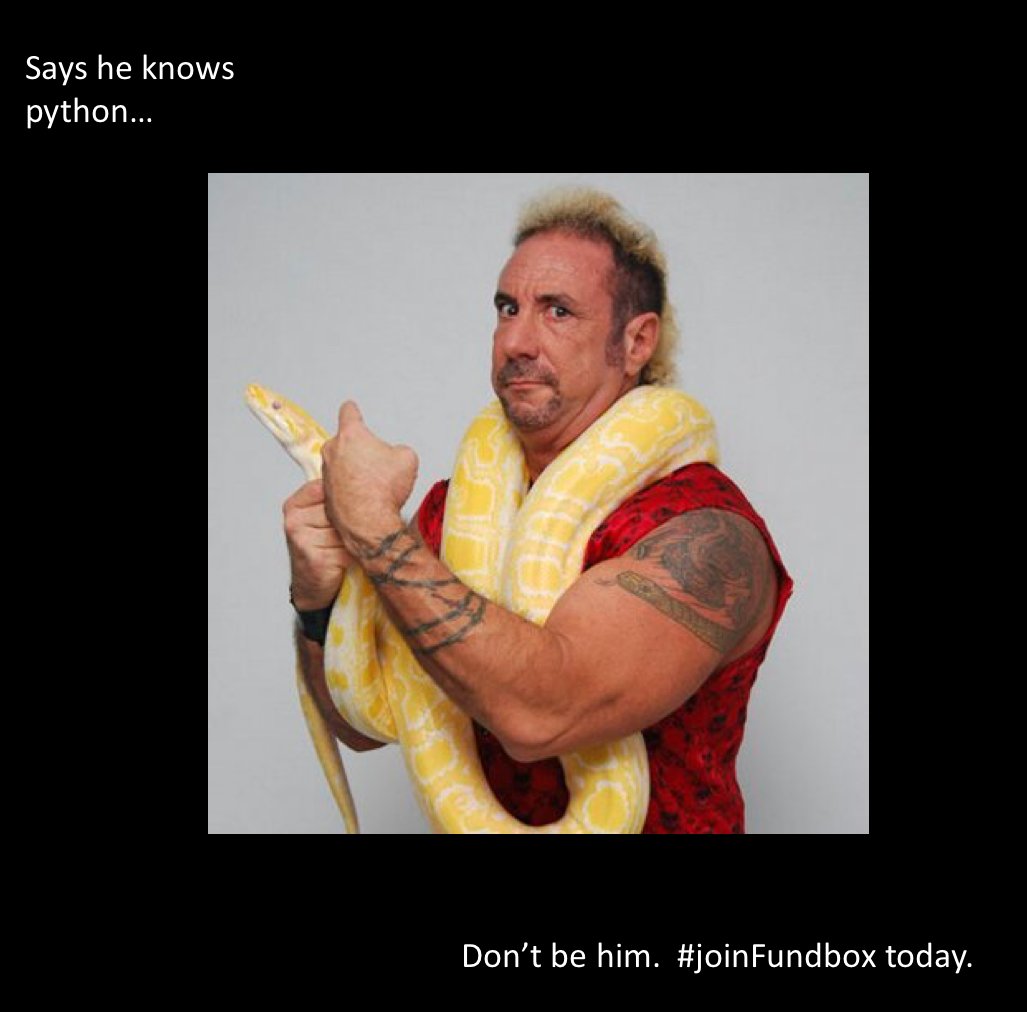 fundbox's tweet photo. If you really know #Python #developers #development then we really want to know you! https://t.co/HZroeQvZDL Don't be this guy. #joinfundbox https://t.co/NBHgoJljXf