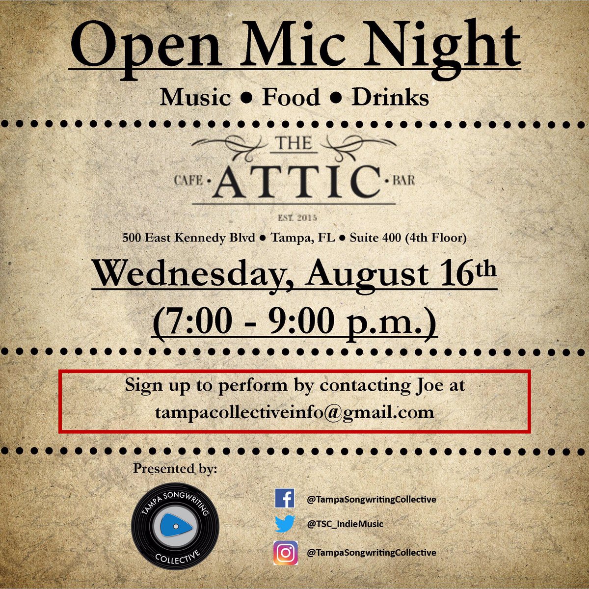 TSC_IndieMusic's tweet photo. Come hang out with us! It will be fun! #tampa #music #OpenMic #songwriting https://t.co/PvTmrur2IS
