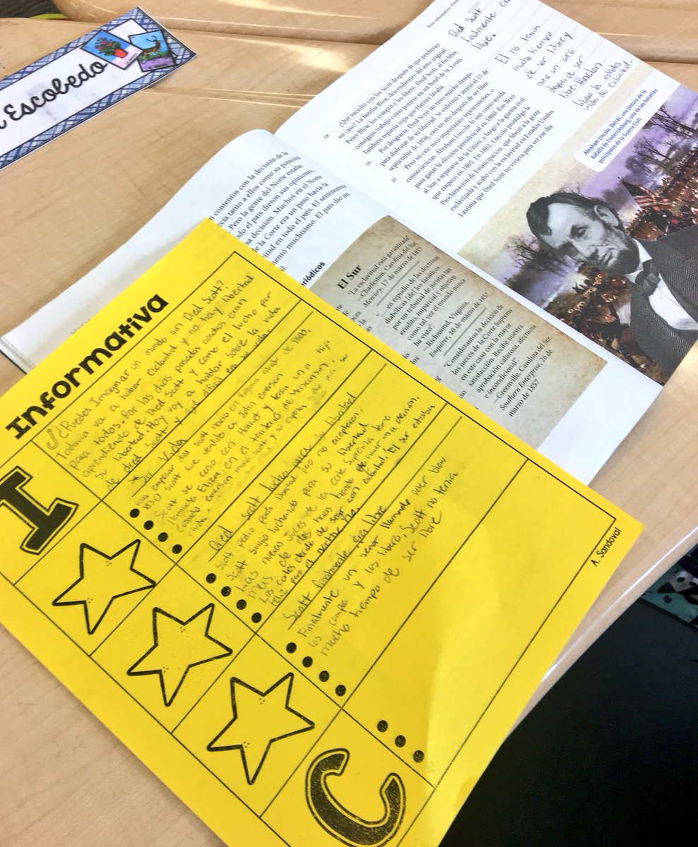 maestrasandoval's tweet photo. Informative writing using "Dred Scott" passage in Spanish. #benchmark @BenchmarkEdu #5thgradedual #camlearns https://t.co/Xgbqn7hlrB