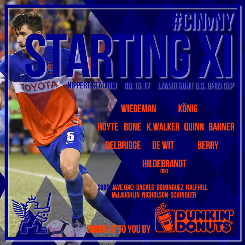 fccincinnati's tweet photo. The @DunkinCincy #FCCincy XI and subs that will take on @NewYorkRedBulls tonight looks as follows...
#CINvNY https://t.co/WuHz2fTf7f