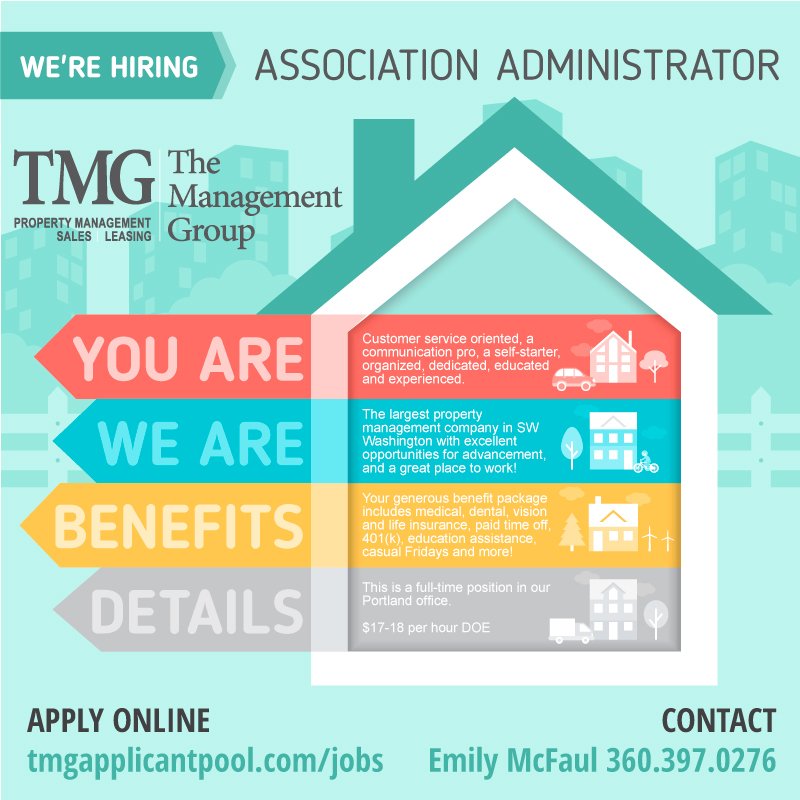 tmgnorthwest's tweet photo. We are hiring an Association Administrator! #WorkWithTMG Apply now on our website: https://t.co/CsQnW01owQ https://t.co/fH7fo78cTZ