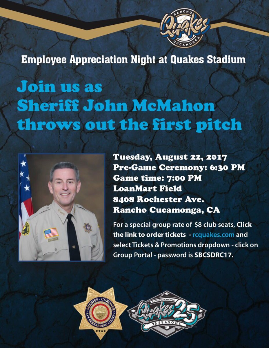 sbcountysheriff's tweet photo. Don't miss @sheriffmcmahon throwing out the first pitch at @RCQuakes Stadium on August 22nd! ⚾️ https://t.co/ascebKpieu