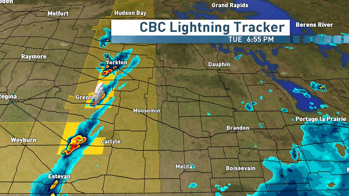 johnsauderCBC's tweet photo. Eastern edge of sthrn SK under a severe T-Storm warning now Shaded areas in wrng #cbcsk #cbcmb #skstorm https://t.co/5HHD0Iu65e